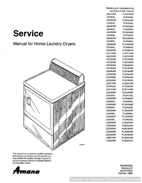 Amana LGA80AL Home Laundry Dryer Service Manual