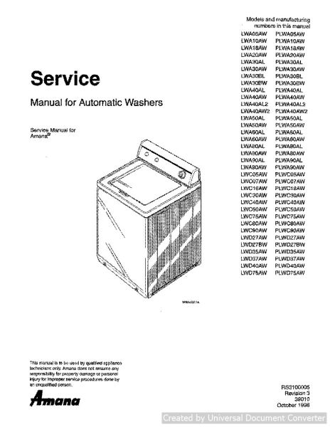 Amana LWA30AW Automatic Washer Service Manual
