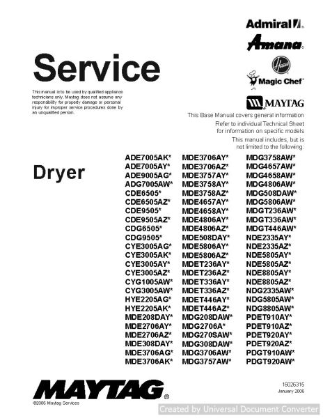 Maytag Amana MDG4657AW Dryer Service Manual