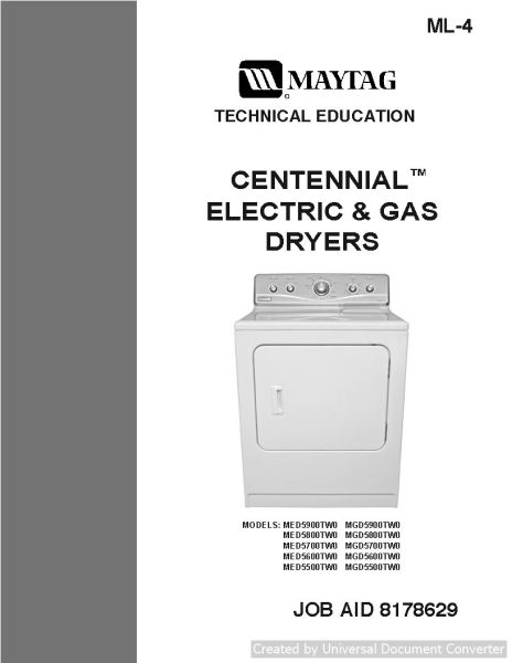 Maytag MGD5500TW0 Centennial Electric & Gas Dryers Service Manual